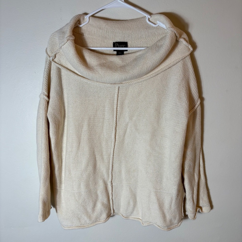Pure Handknit Cotton Cowl Neck Sweater Cream Ivory M/L Relaxed Fit‎ Artisan Knit